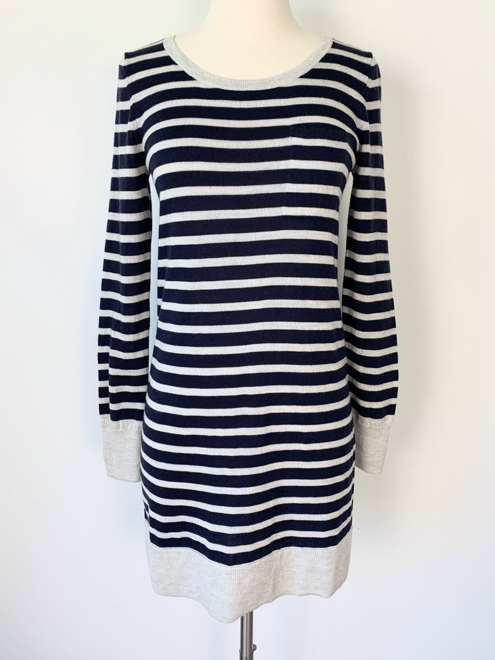 NWT Wool Blend Striped Long Tunic Sweater Navy Gray XS